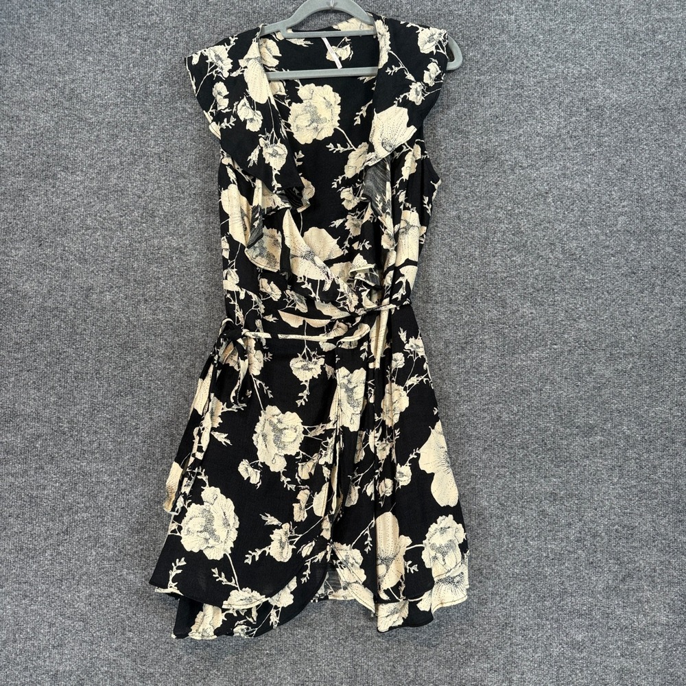 Free People Wrap Dress Womens Large Black Floral Ruffled Sleeveless Mini Boho